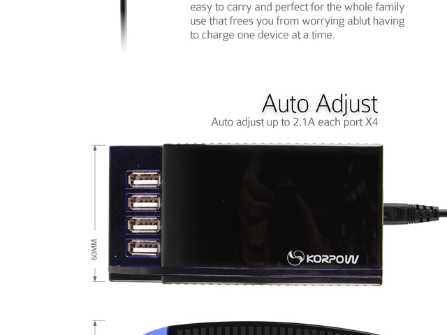 KORPOW 48W 4-Port USB Power Adapter (9.6A)