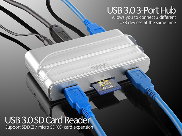 UNITEK Y-3068 USB 3.0 3-Port Hub with OTG + Smartphone Stand