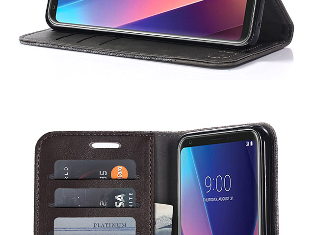 LG V30 Canvas Leather Flip Card Case