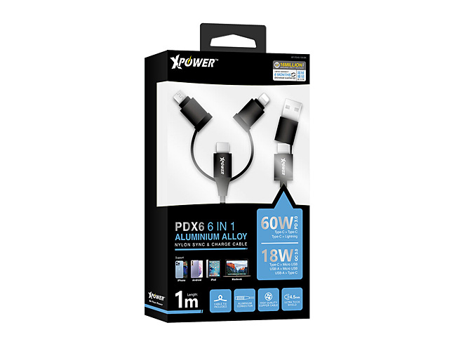 Xpower PDX6 6-in-1 60W Aluminum Alloy Nylon Sync & Charge Cable