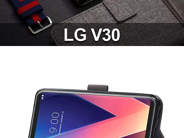 LG V30 Canvas Leather Flip Card Case
